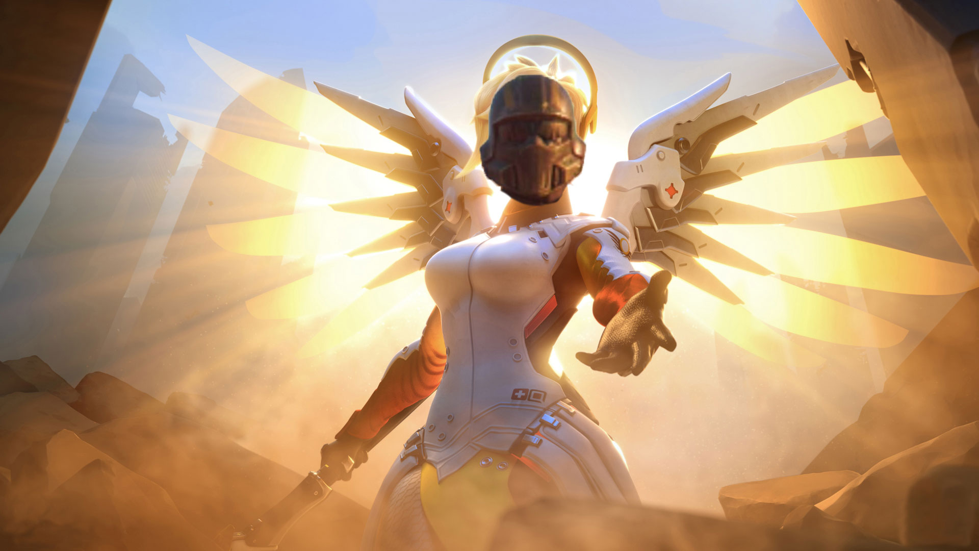 An image of the character Mercy, from the video game Overwatch, extending a hand towards the viewer to pull them from debris. A Helldivers 2 helmet is photoshopped in place of her face.
