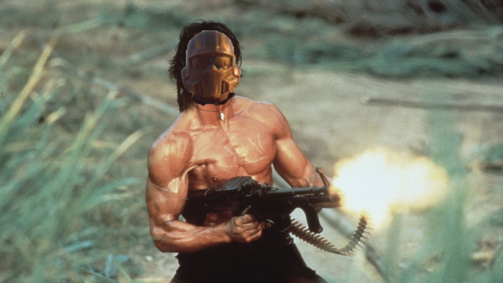 An image of John Rambo, namesake of the Rambo films, firing a machine gun offscreen. The default helmet form Helldivers 2 is photoshopped in place of his face.